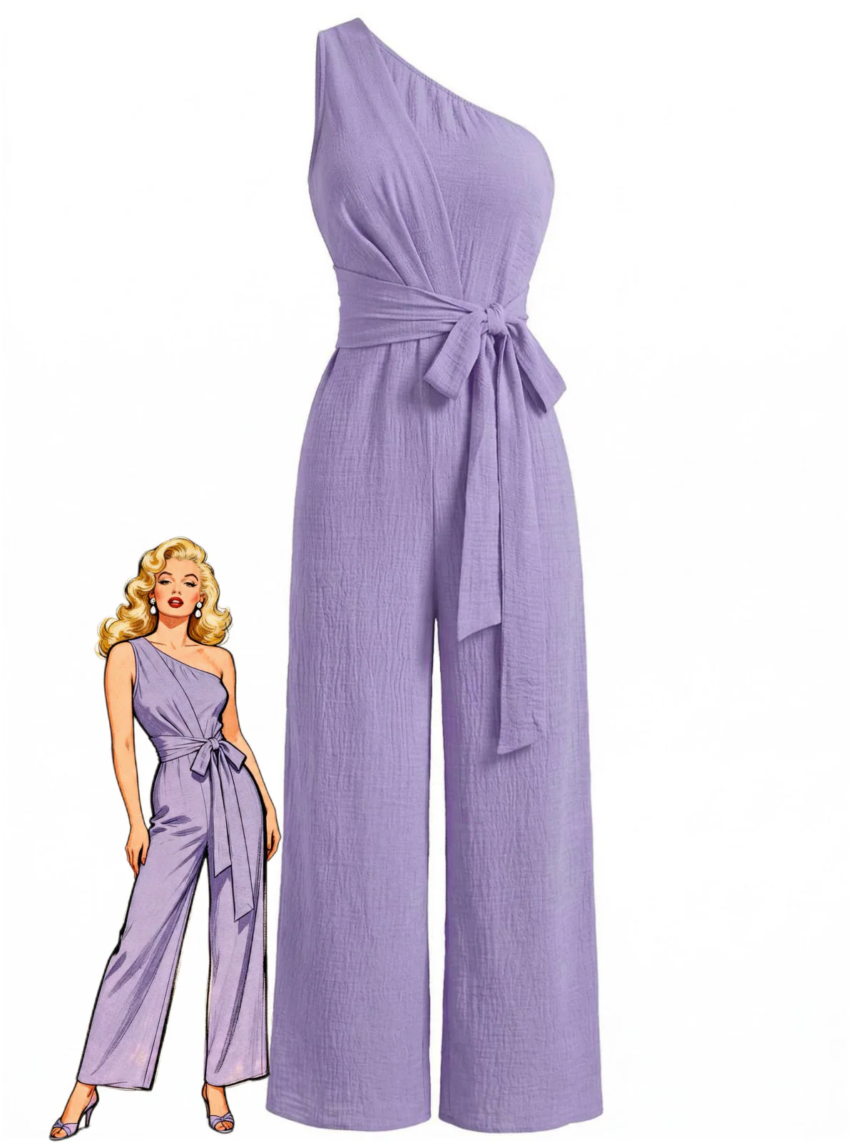 Purple 1950s One-Shoulder Belted Wide Leg Jumpsuit
