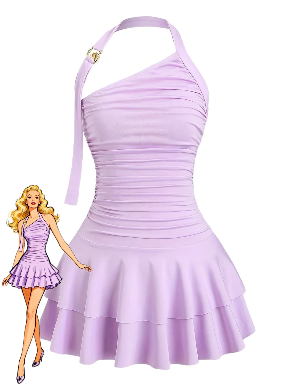 Purple 1960s Backless Ruffle Metal Detail Cake Dress