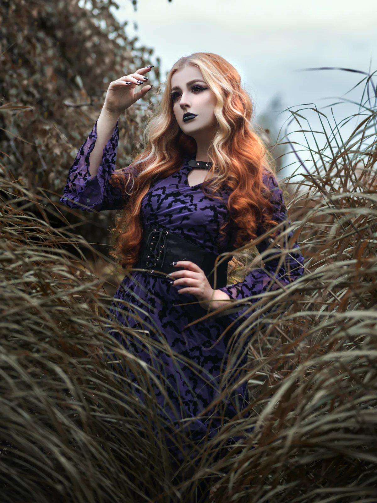 Purple 1960s Bats Mesh Bell Sleeves Dress