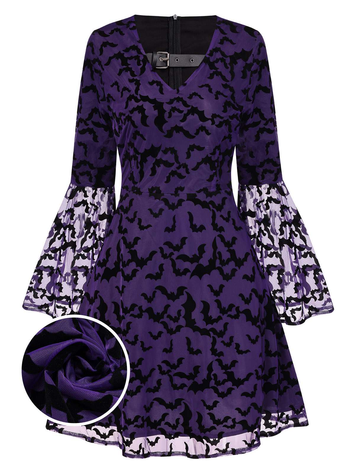 Purple 1960s Bats Mesh Bell Sleeves Dress - Image 4