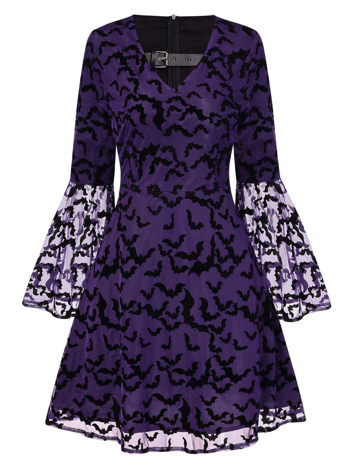 Purple 1960s Bats Mesh Bell Sleeves Dress - Image 5
