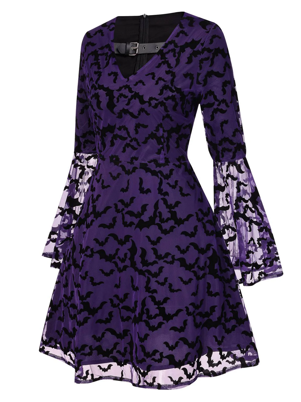Purple 1960s Bats Mesh Bell Sleeves Dress - Image 6