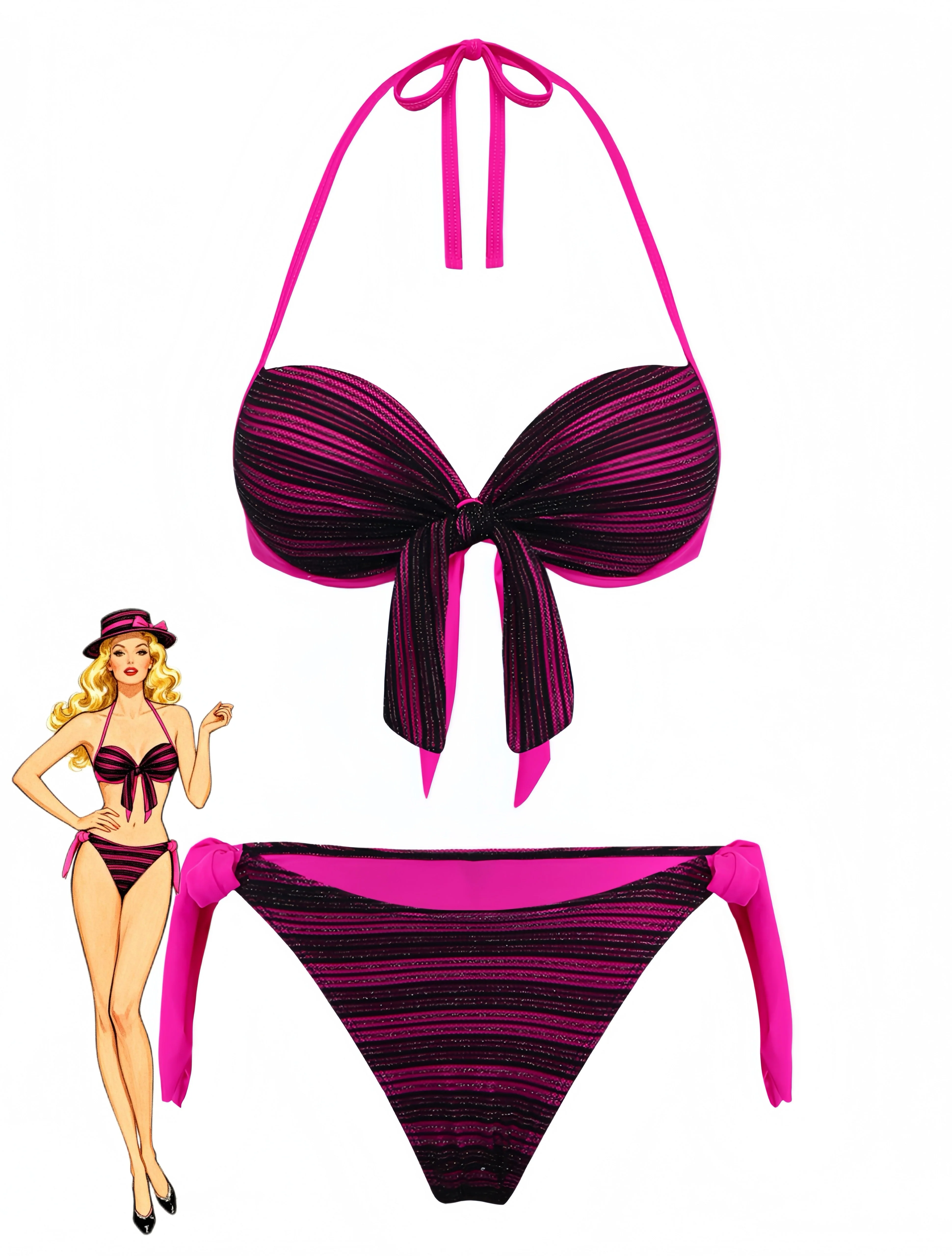 Purple 1960s Halter Striped Bow-Tie Bikini Set