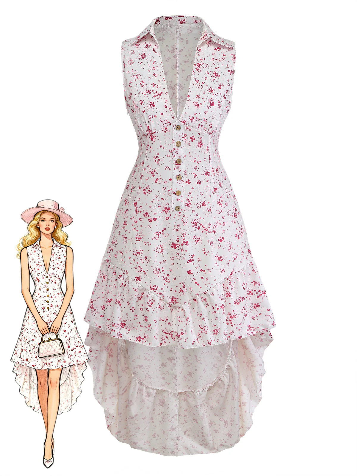 Purple 1970s Ditsy Floral High-Low Ruffle Hem Dress