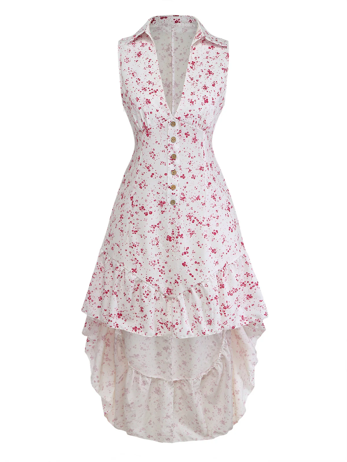 Purple 1970s Ditsy Floral High-Low Ruffle Hem Dress - Image 2