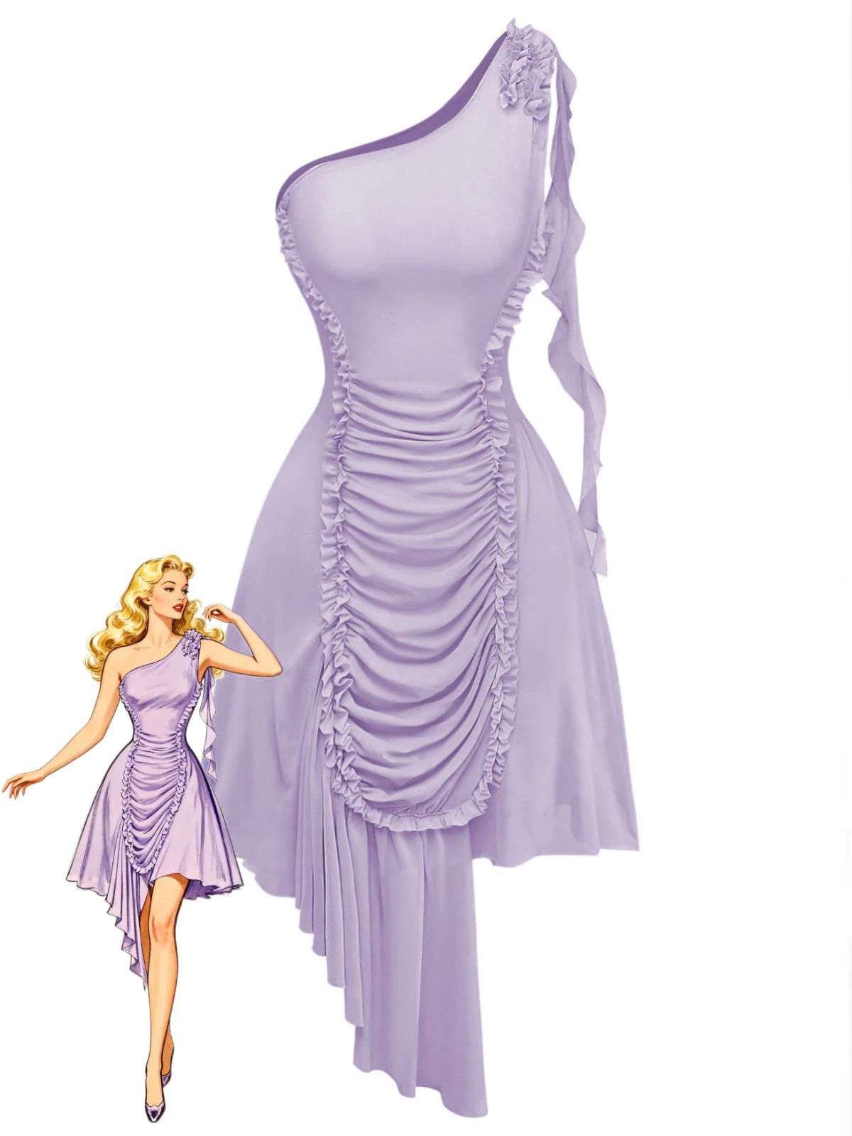 Purple 1970s Mesh One-Shoulder Ruffled Asymmetrical Dress