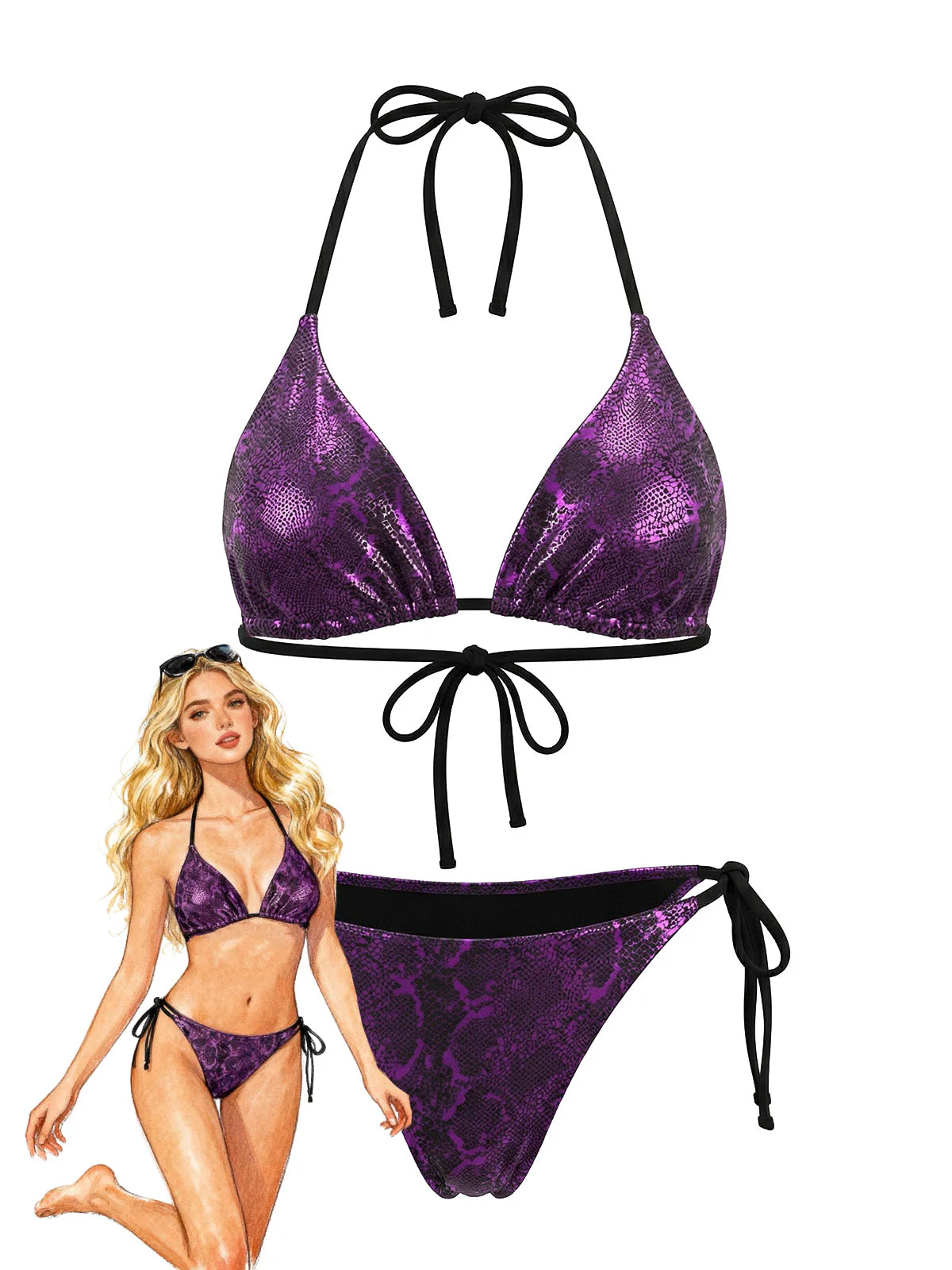 Purple 1980s Halter Metallic Snakeskin Print Bikini Set