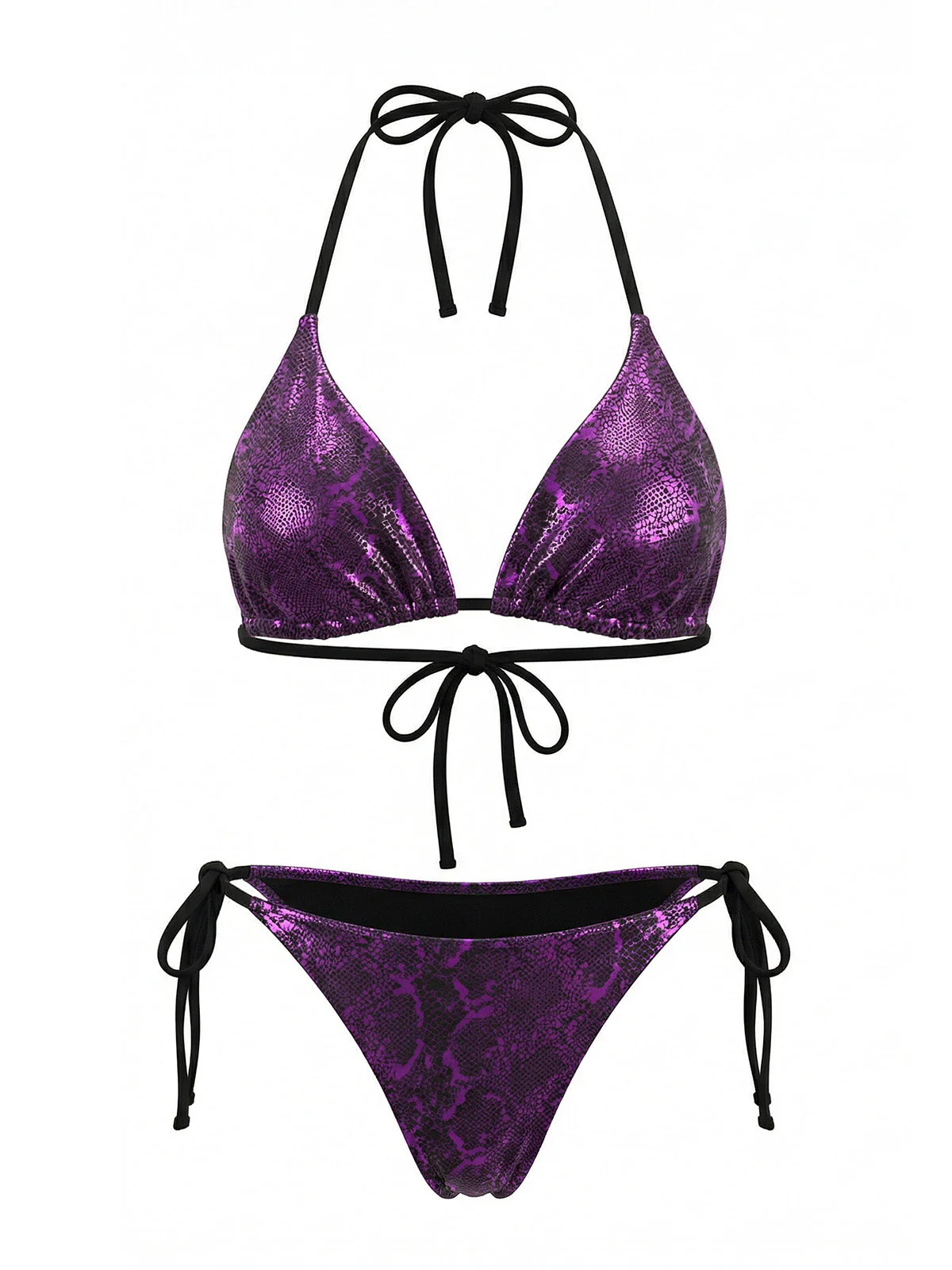 Purple 1980s Halter Metallic Snakeskin Print Bikini Set - Image 2