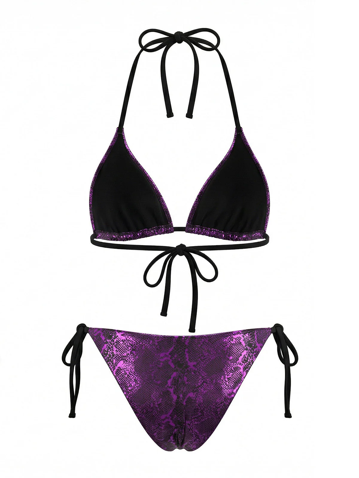 Purple 1980s Halter Metallic Snakeskin Print Bikini Set - Image 3