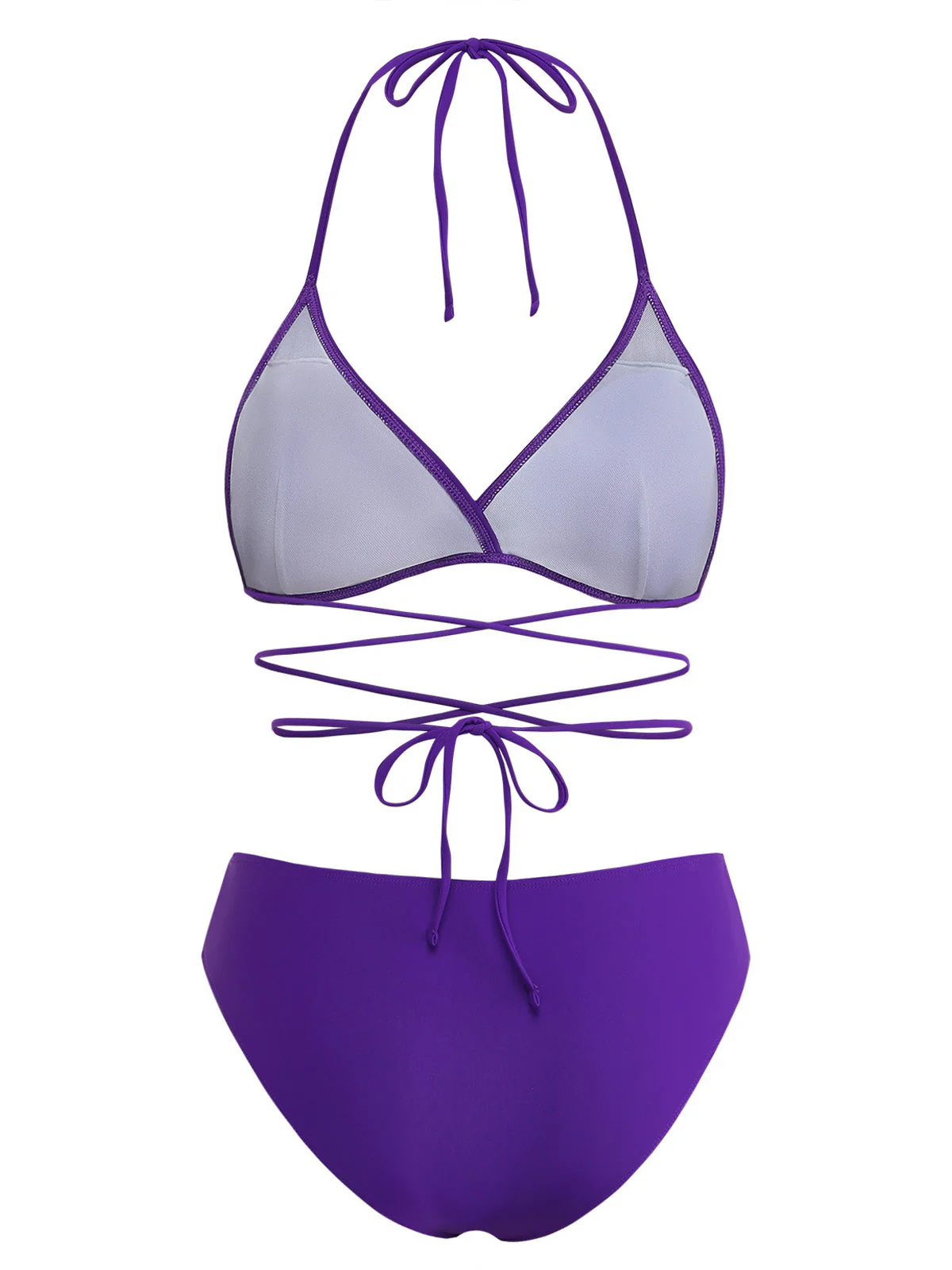 Purple 1980s Solid Lace-Up Halter Bikini Set - Image 3