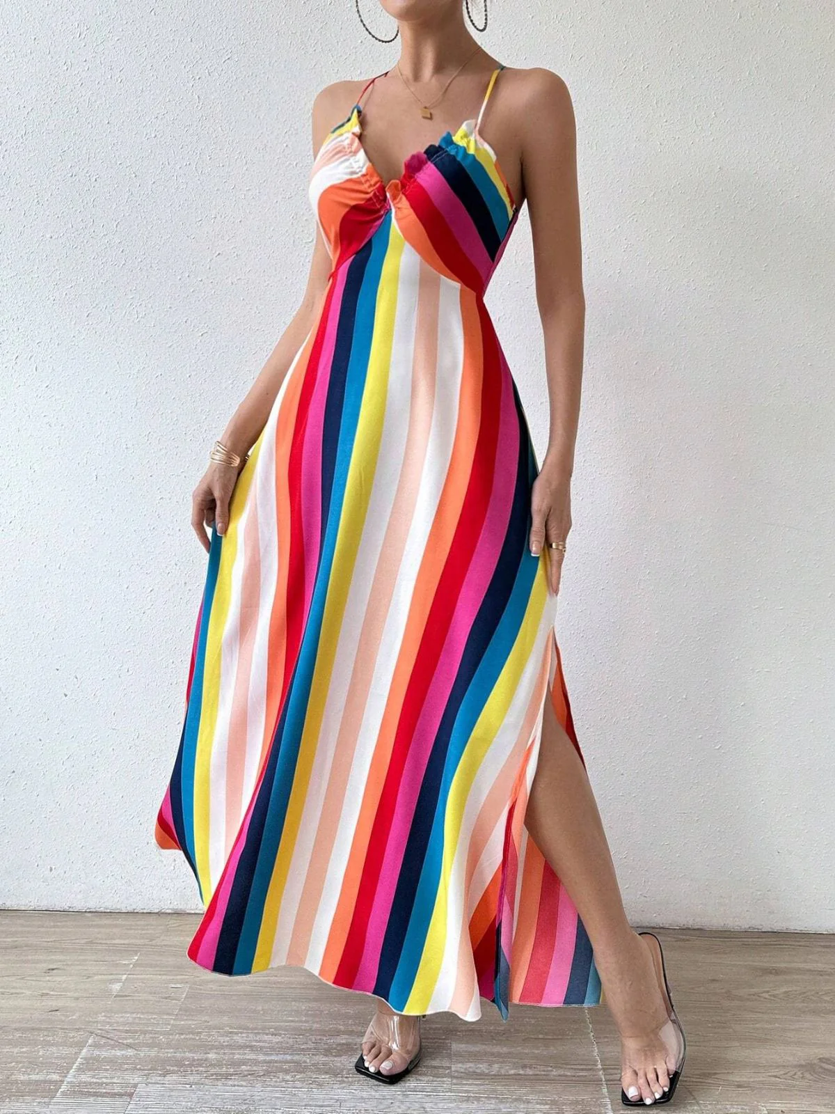 Rainbow 1930s Striped Spaghetti Strap A-Line Dress - Image 4