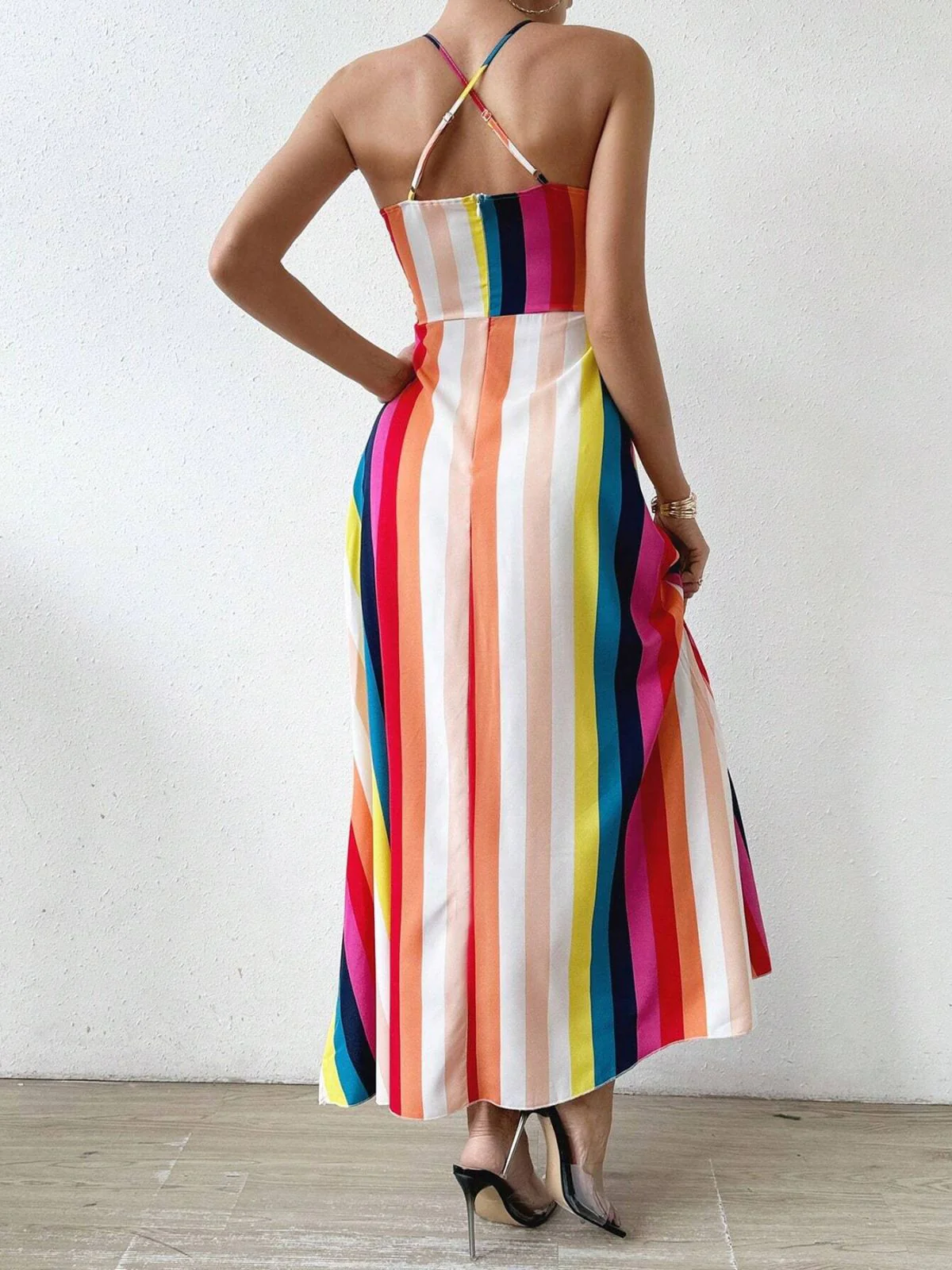 Rainbow 1930s Striped Spaghetti Strap A-Line Dress - Image 5