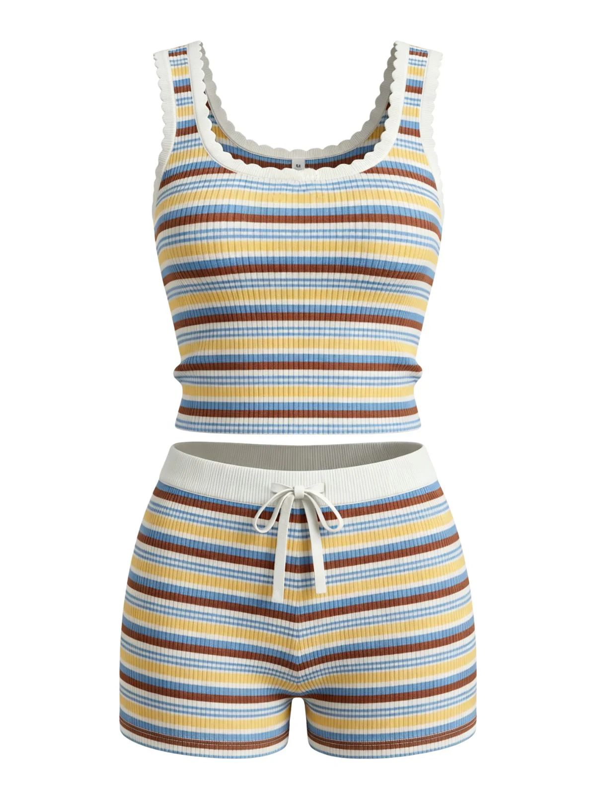 Rainbow 1950s Striped Ribbed Lace Trim Shorts Set