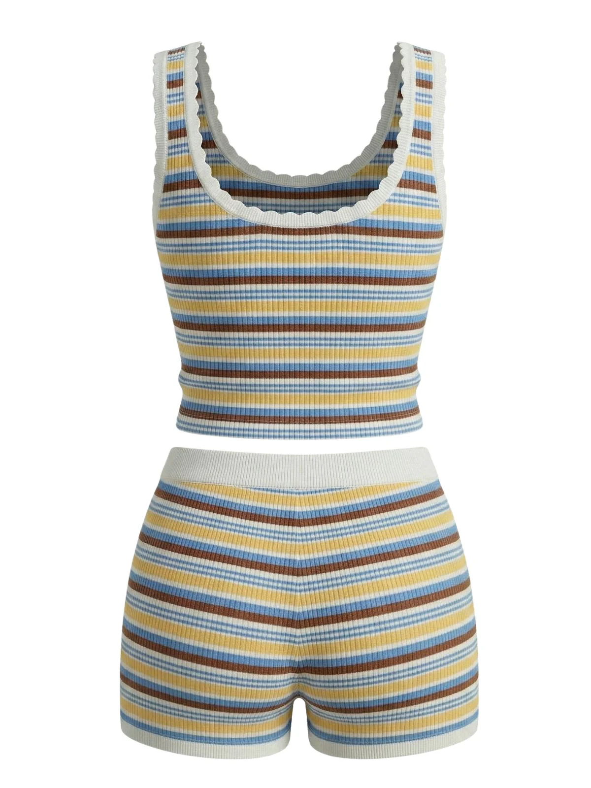 Rainbow 1950s Striped Ribbed Lace Trim Shorts Set - Image 2