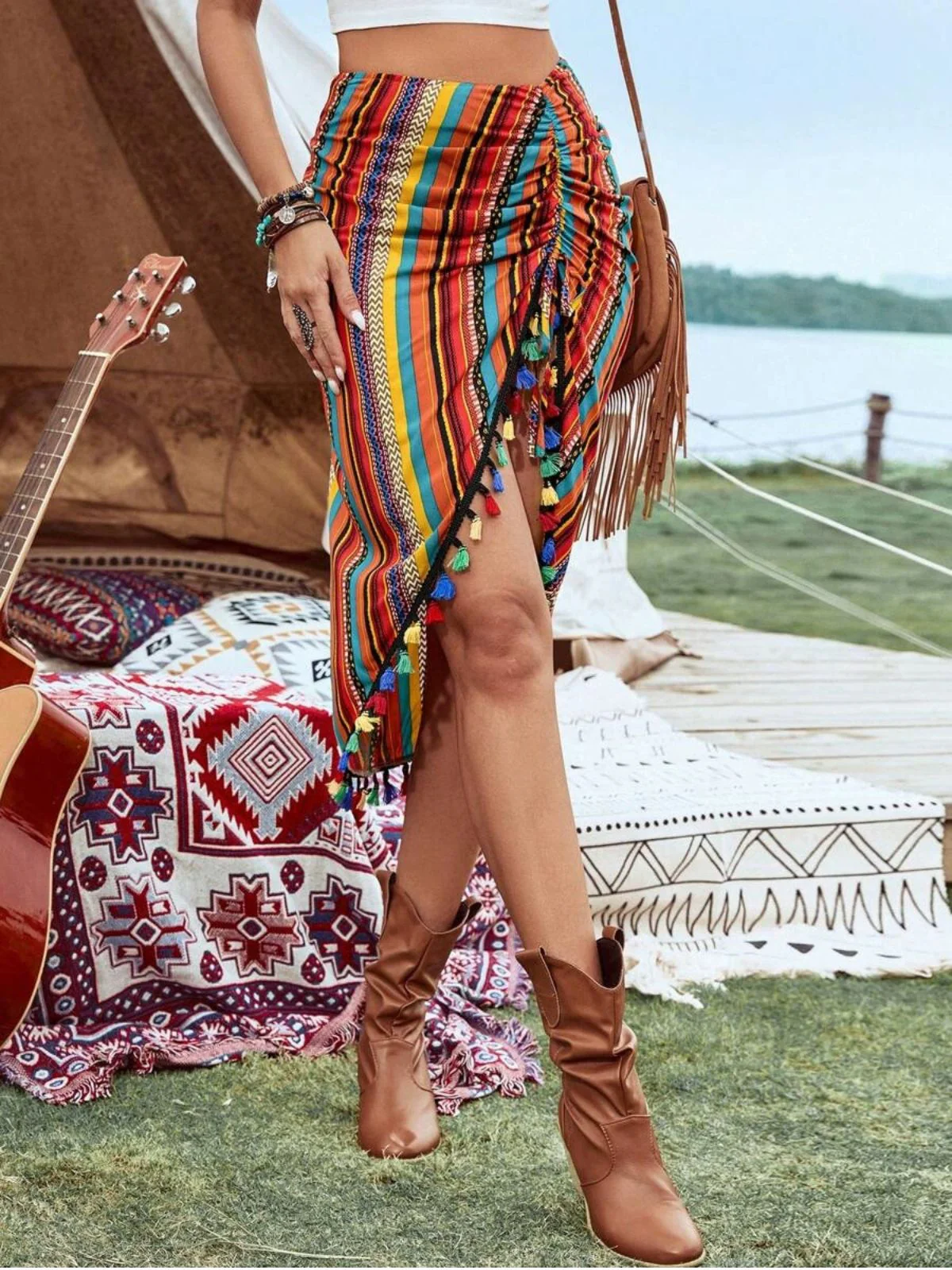 Rainbow 1970s Boho Striped Tassel Ruched Mesh Cover Up Skirt - Image 2