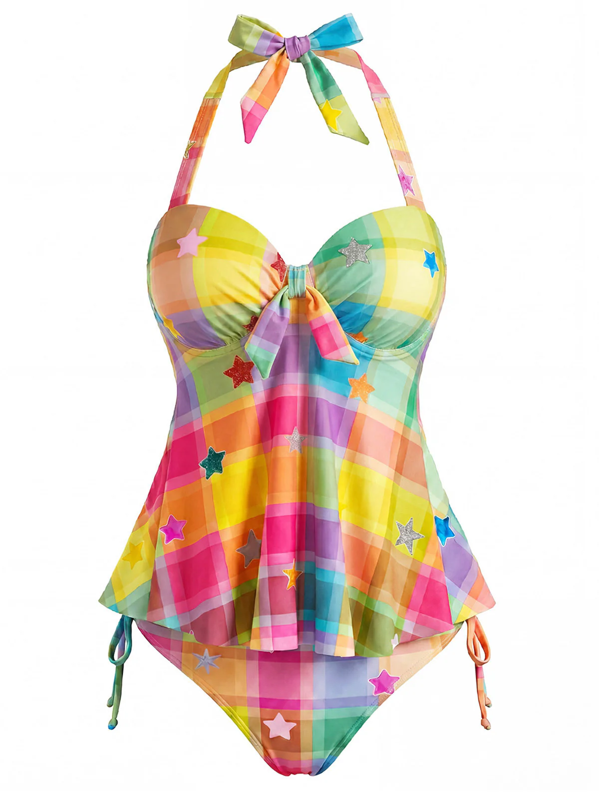 [Pre-Sale] Rainbow 1970s Plaid Star Halter Tankini Set - Image 3