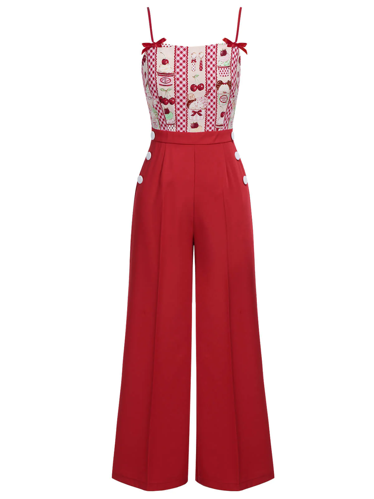 Red 1930s Cherry Cupcake Strap Jumpsuit - Image 2