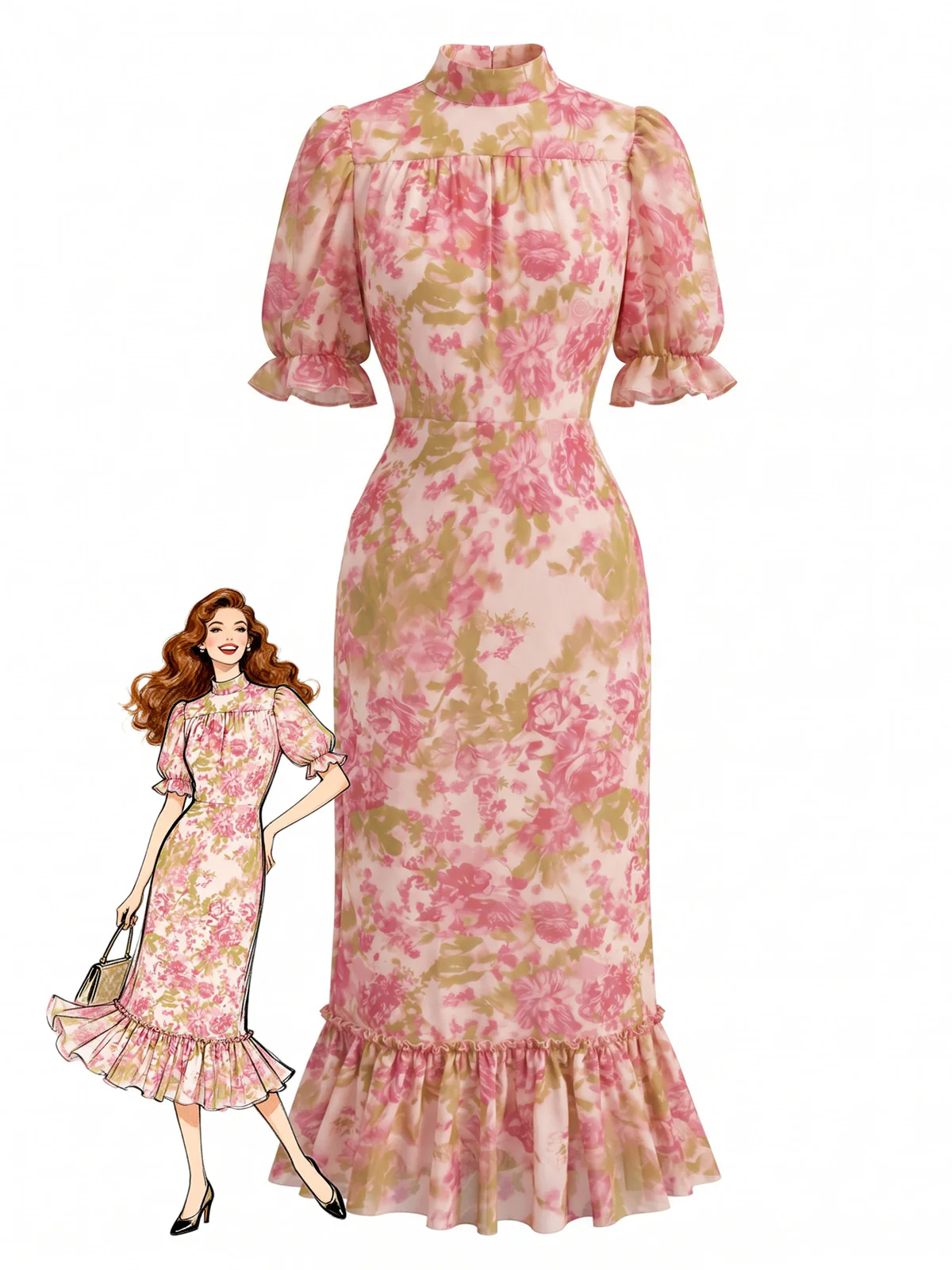 Red 1930s Chiffon Floral Print Mermaid Ruffle Dress