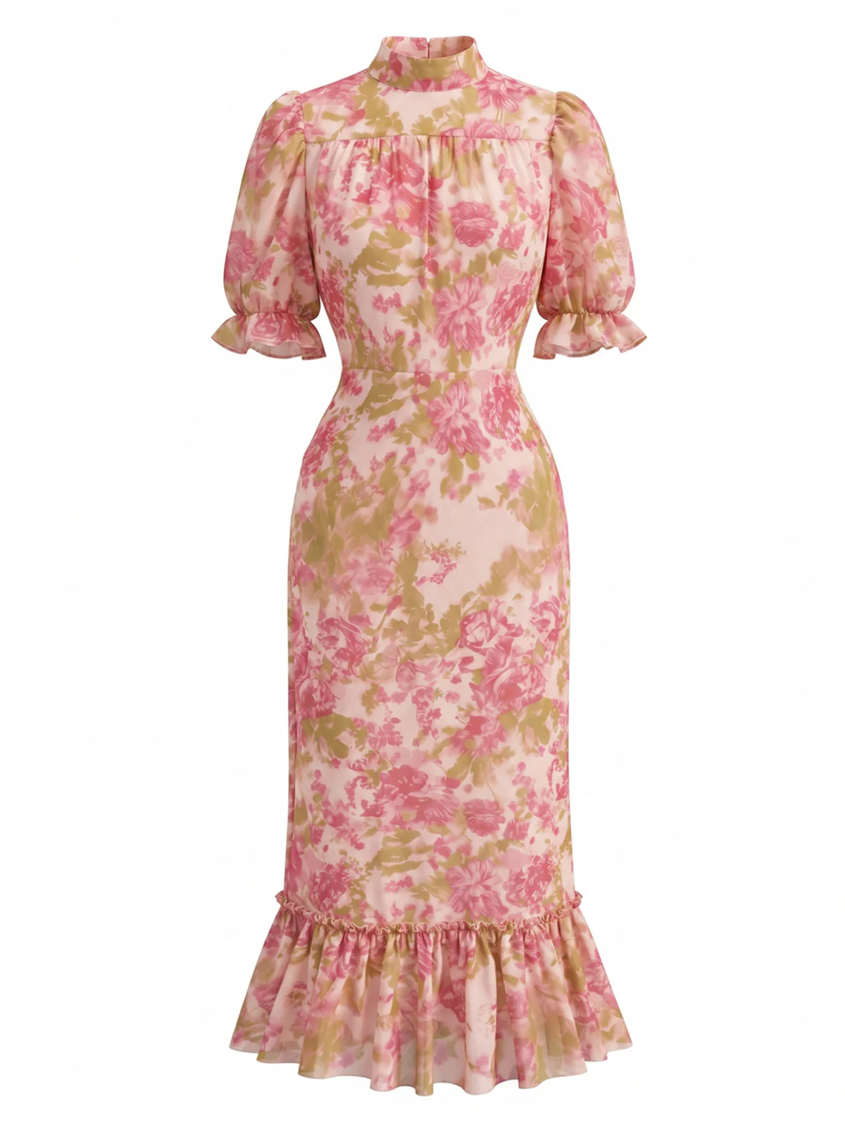 Red 1930s Chiffon Floral Print Mermaid Ruffle Dress - Image 2