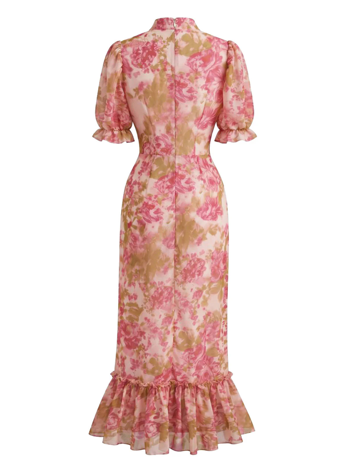 Red 1930s Chiffon Floral Print Mermaid Ruffle Dress - Image 3