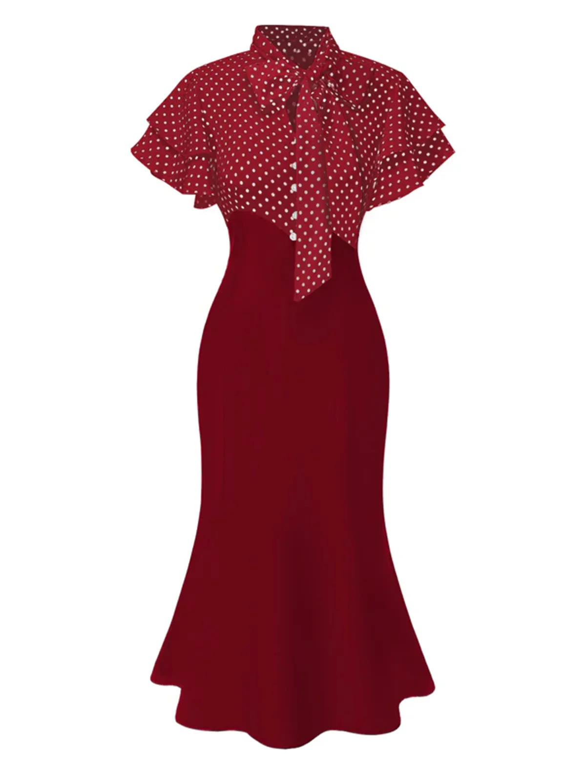 Red 1930s Dots Tie Neck Mermaid Dress