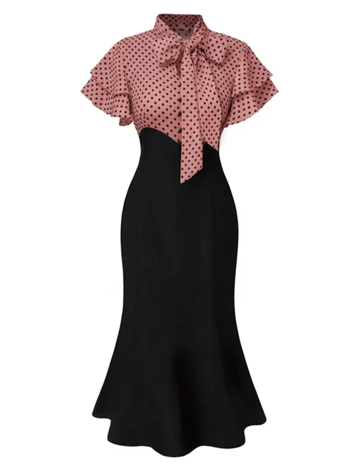 Red 1930s Dots Tie Neck Mermaid Dress - Image 10
