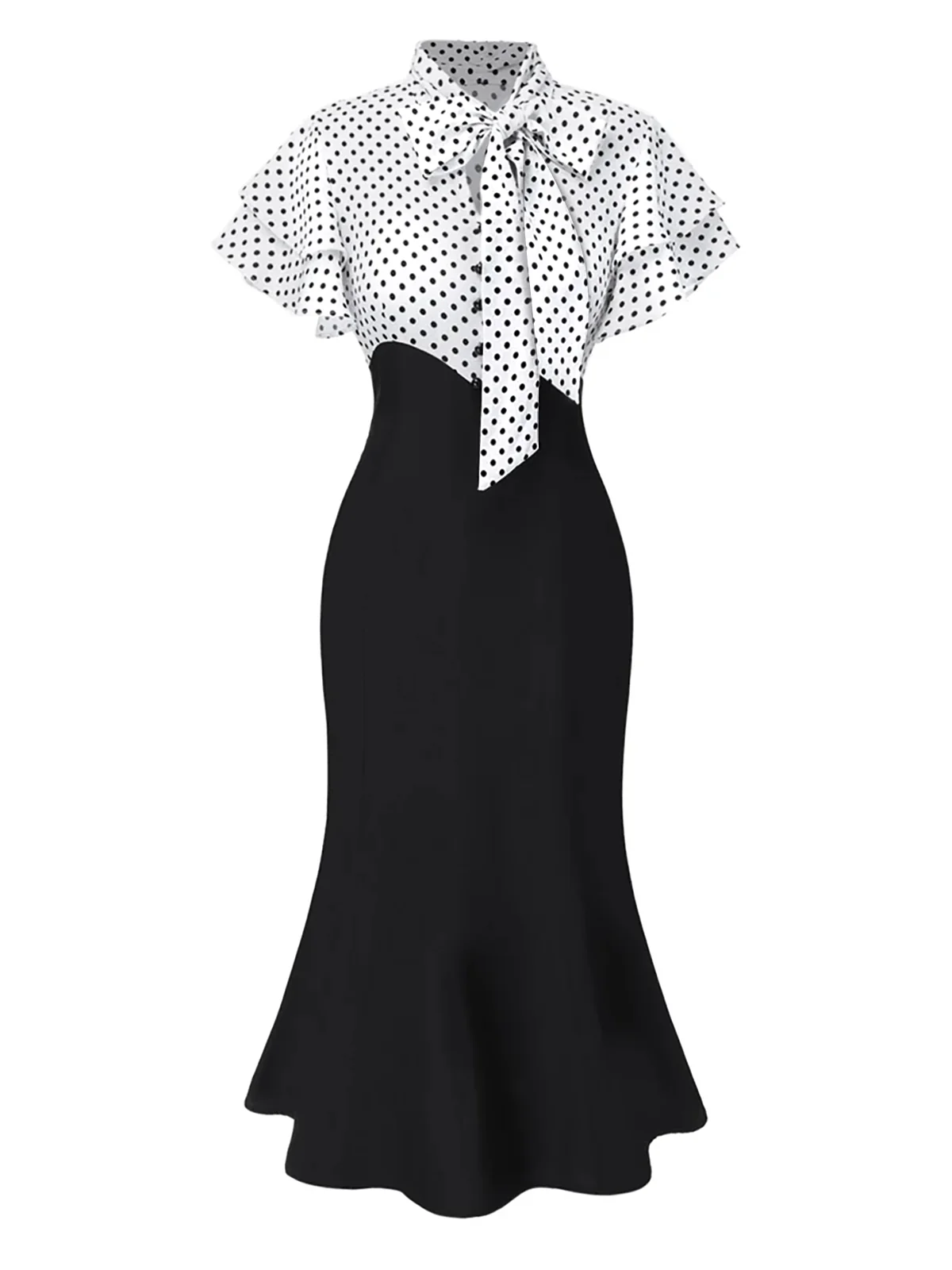 Red 1930s Dots Tie Neck Mermaid Dress - Image 4
