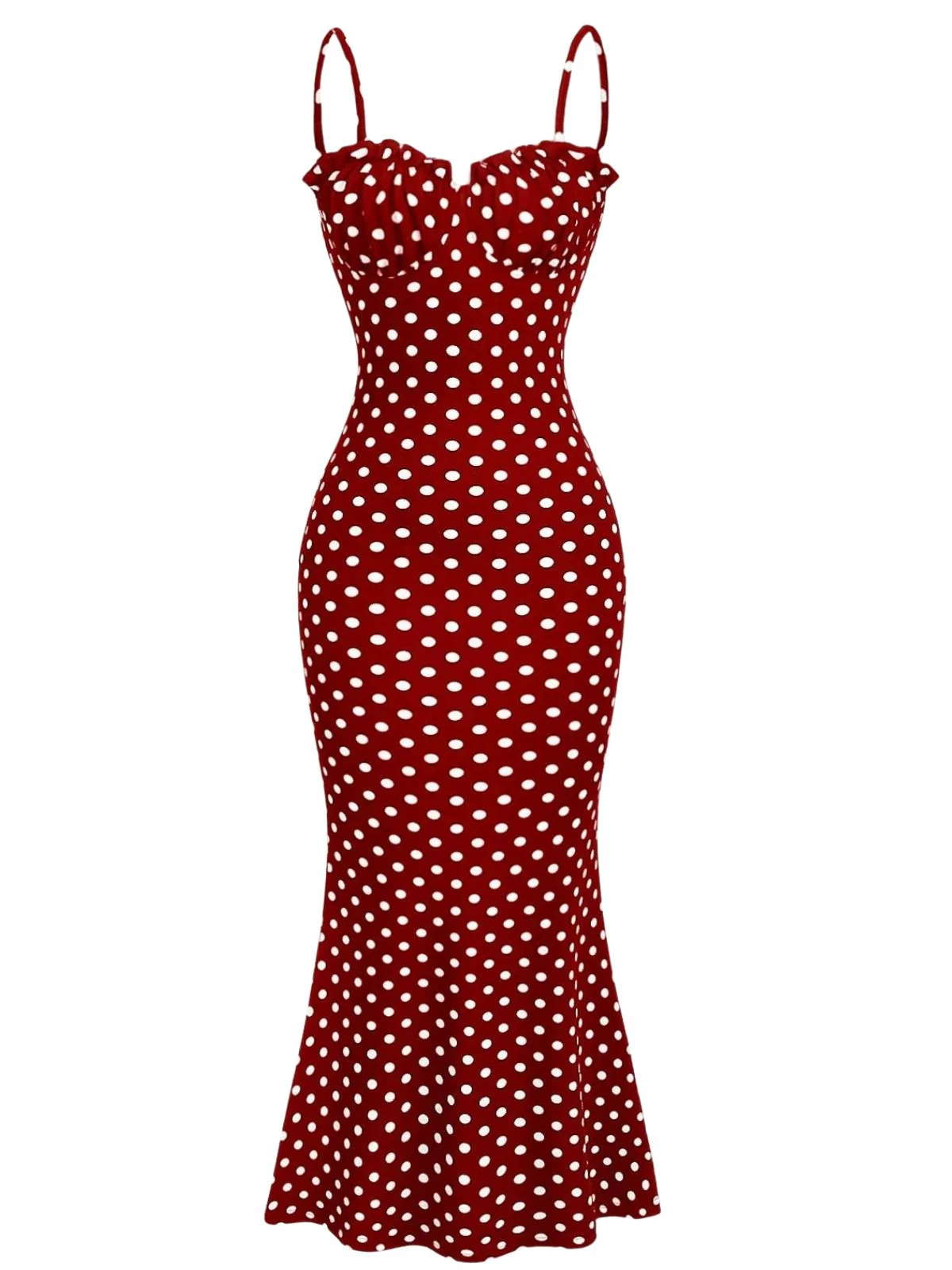 Red 1930s Polka Dot Spaghetti Strap Fishtail Dress - Image 2