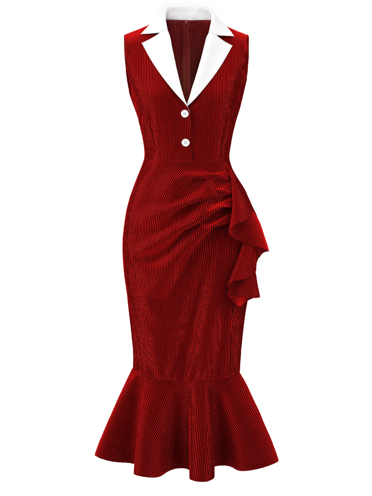 Red 1930s Reflective Corduroy Fishtail Dress
