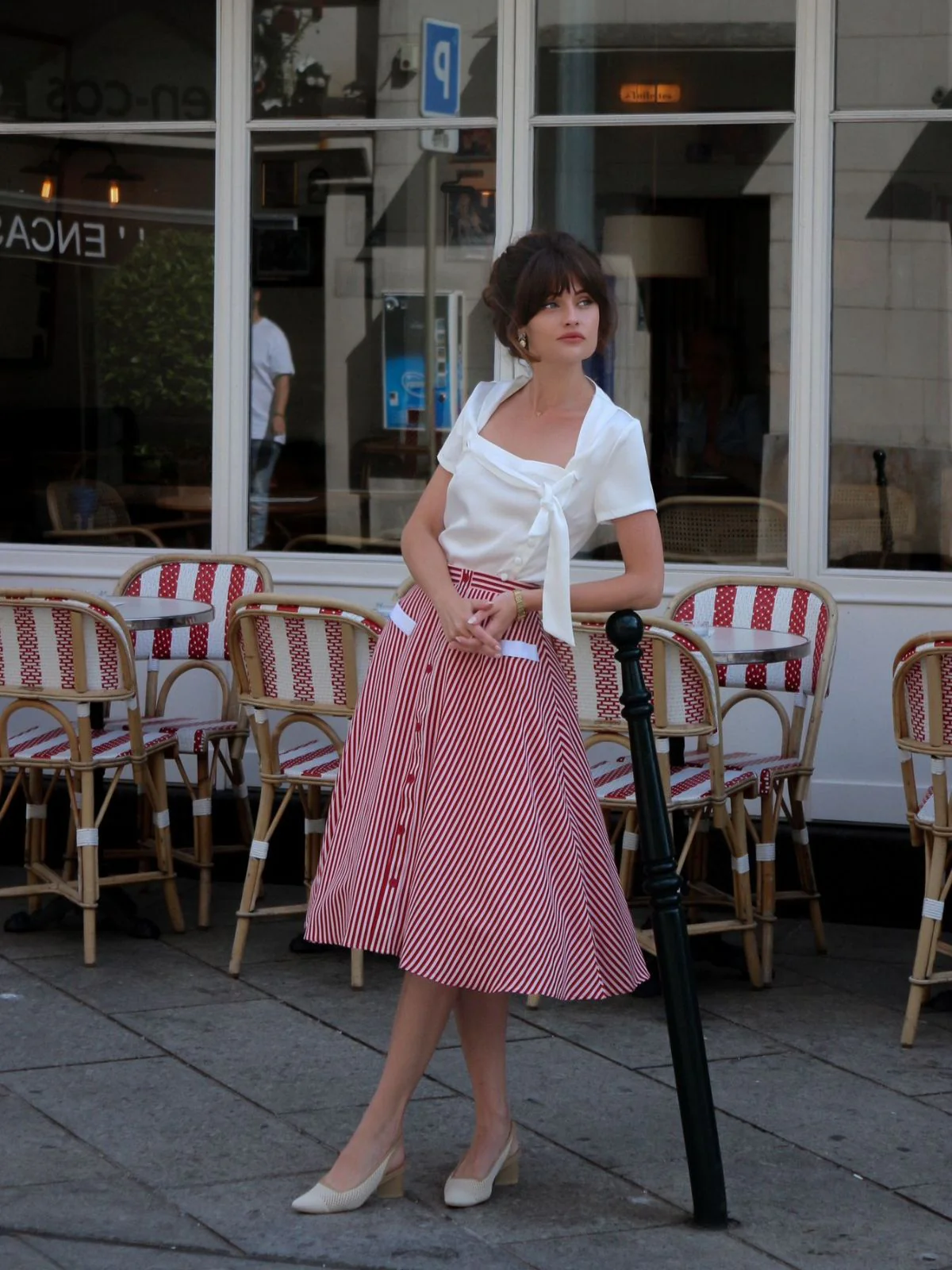 Red 1940s Buttoned Stripes Skirt