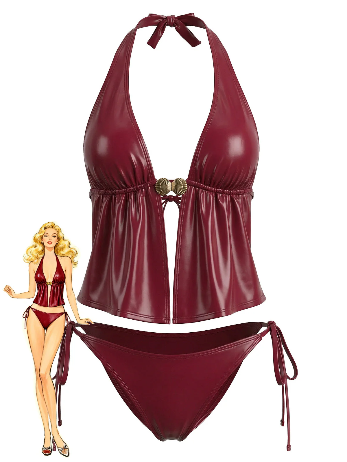 Red 1940s Faux Leather Halter Shell Tankini Set