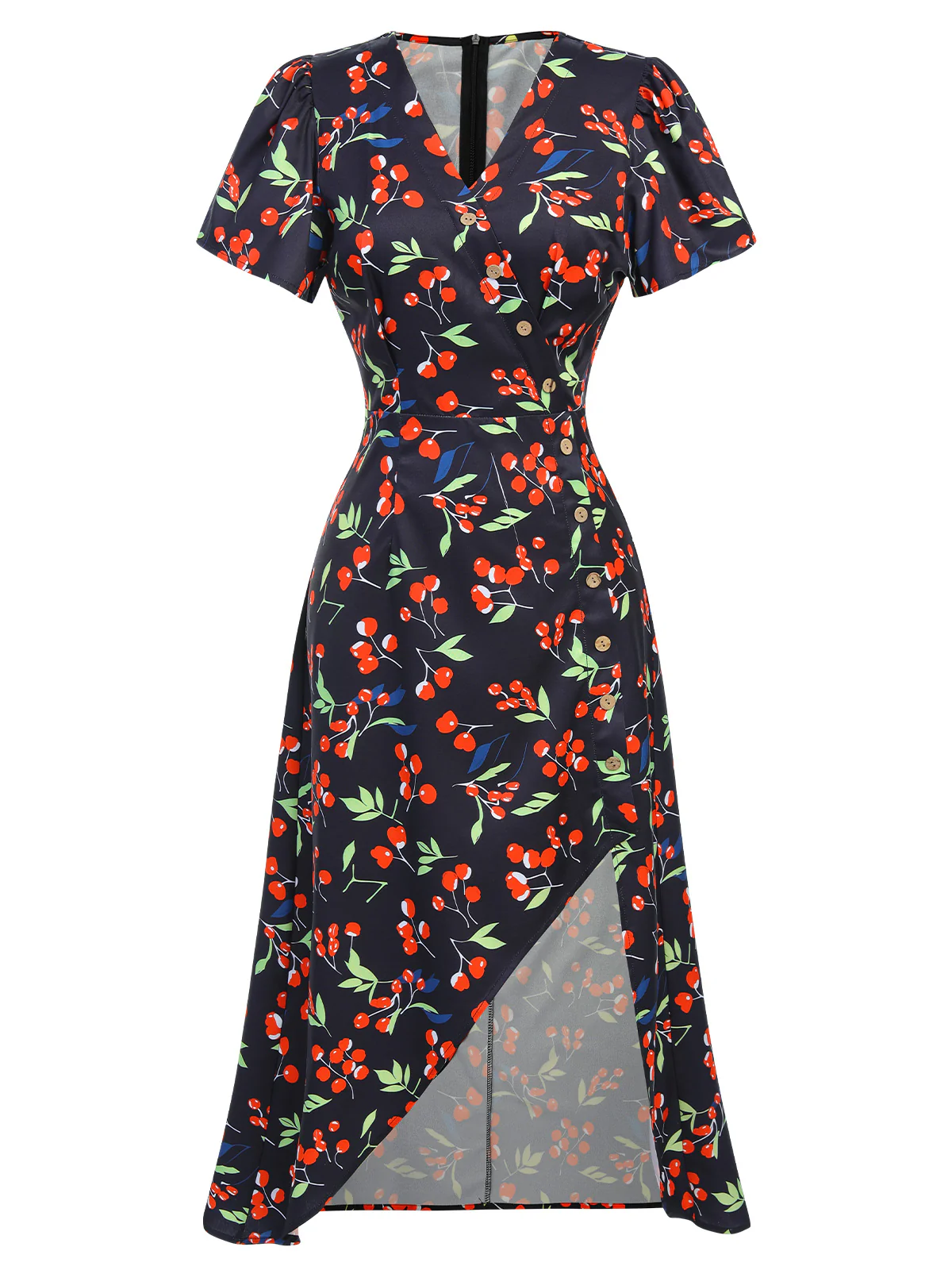 Black 1940s Cherry V-Neck Added Button Dress - Image 2