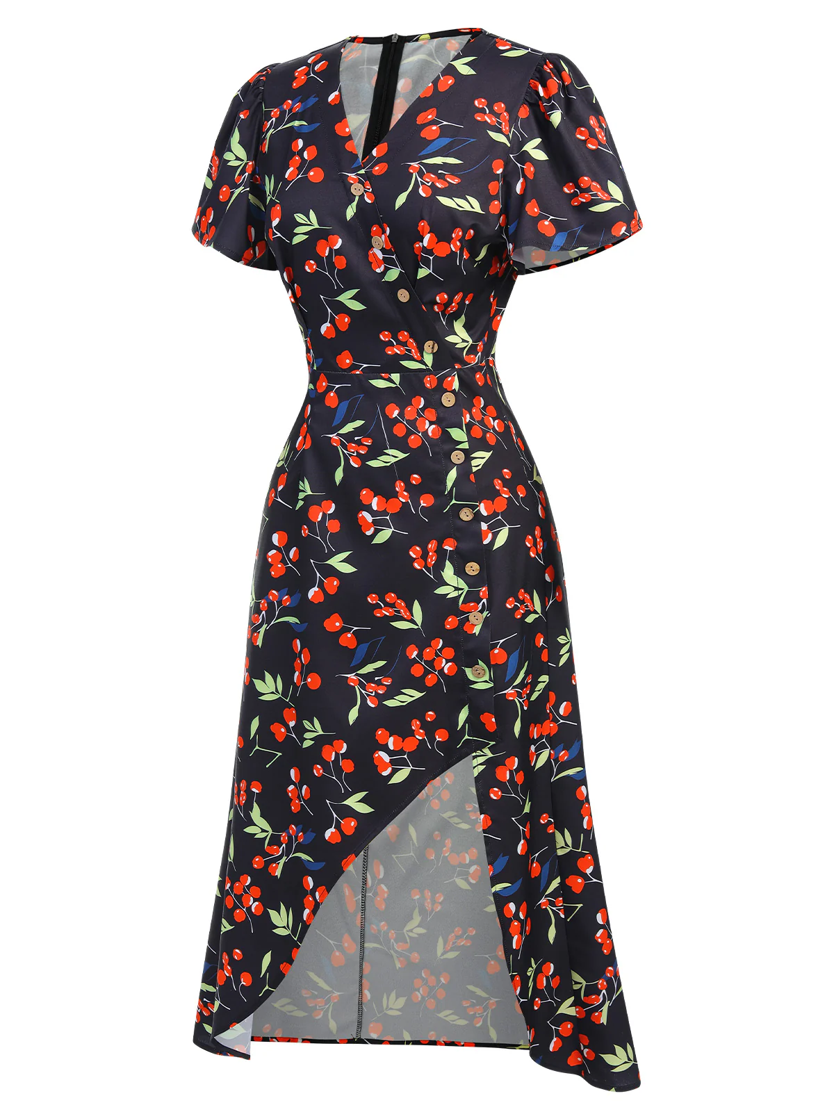 Black 1940s Cherry V-Neck Added Button Dress - Image 3