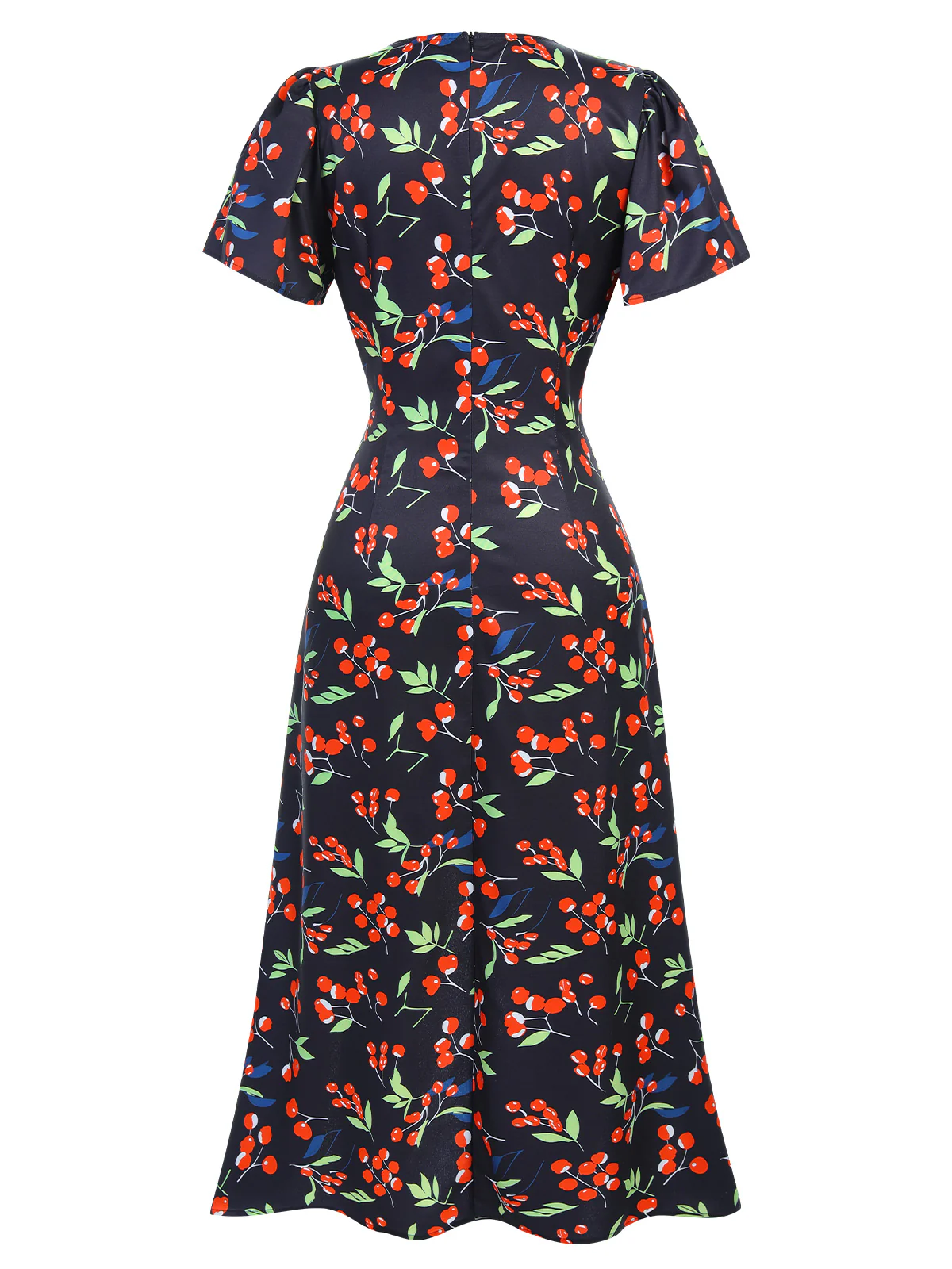 Black 1940s Cherry V-Neck Added Button Dress - Image 4