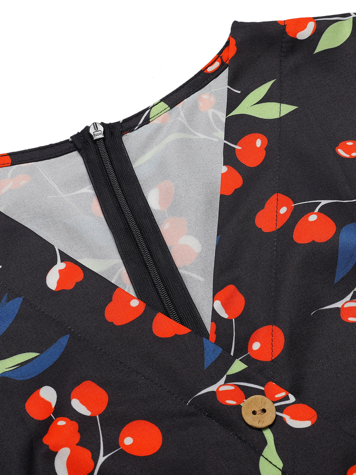 Black 1940s Cherry V-Neck Added Button Dress - Image 5
