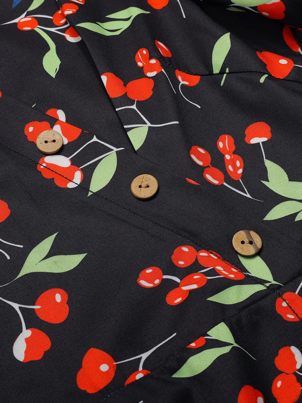 Black 1940s Cherry V-Neck Added Button Dress - Image 6