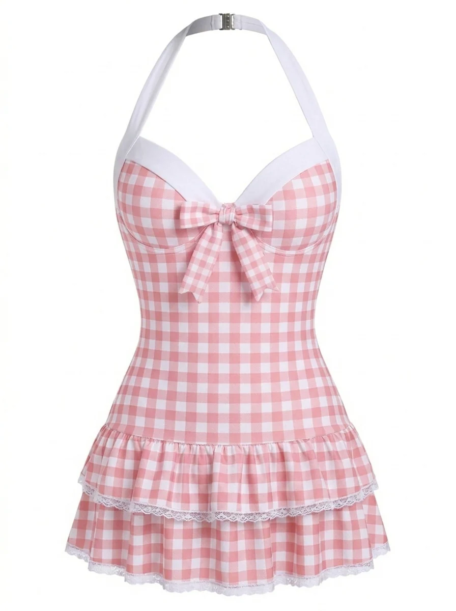 Red 1940s Halter Gingham Bow One-Piece Swimsuit - Image 2