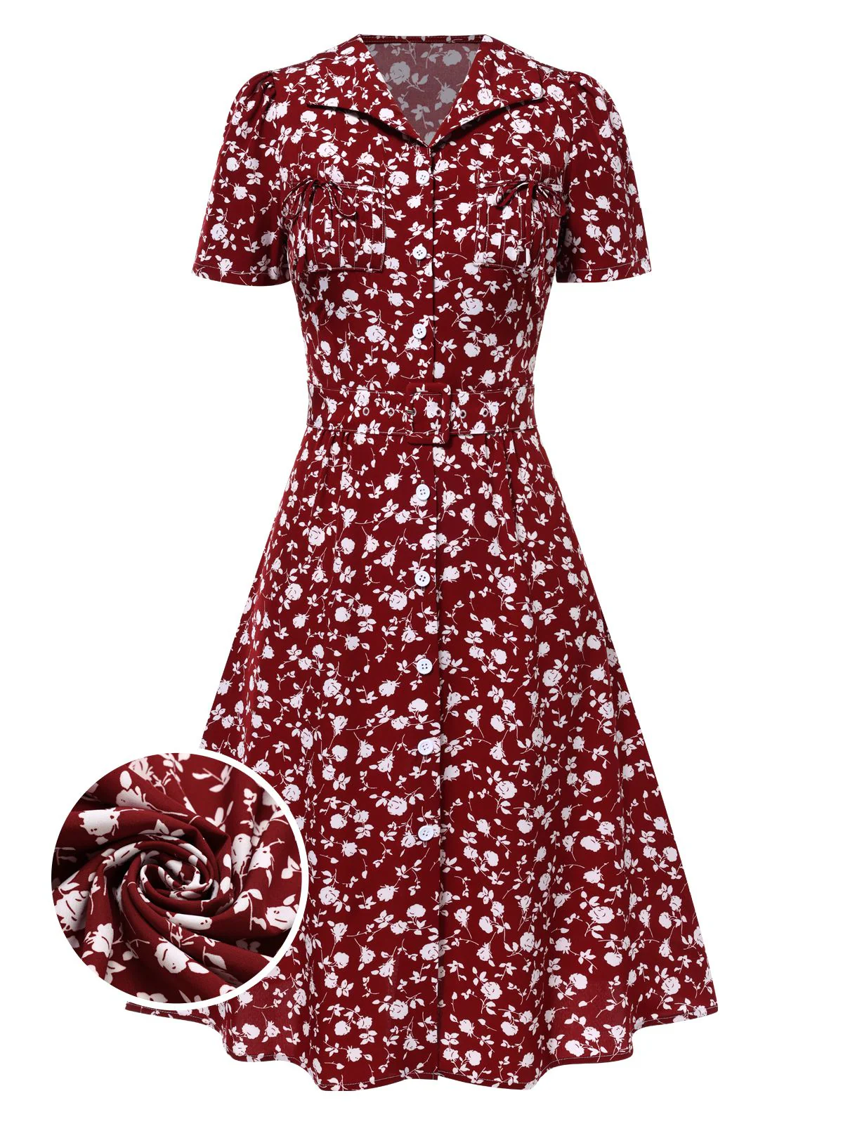 Red 1940s Lapel Buttons Ditsy Floral Dress