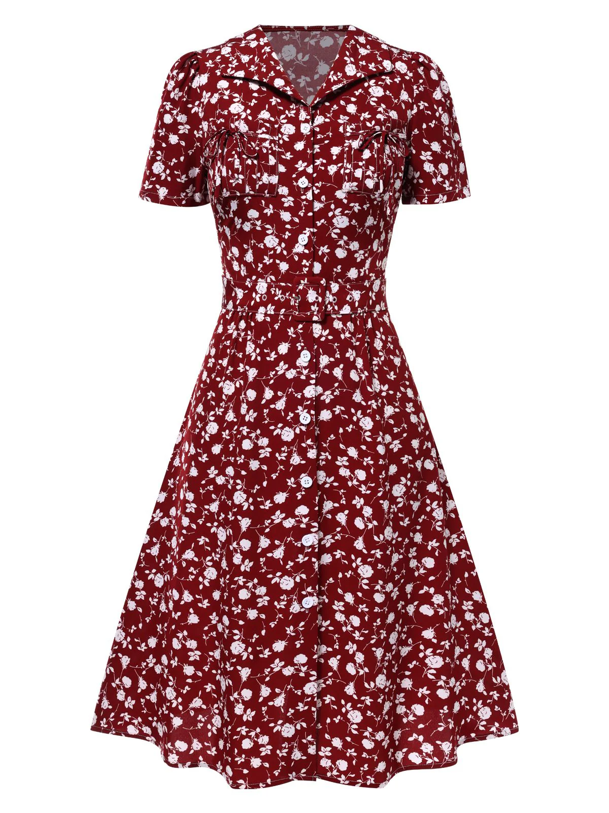 Red 1940s Lapel Buttons Ditsy Floral Dress - Image 2