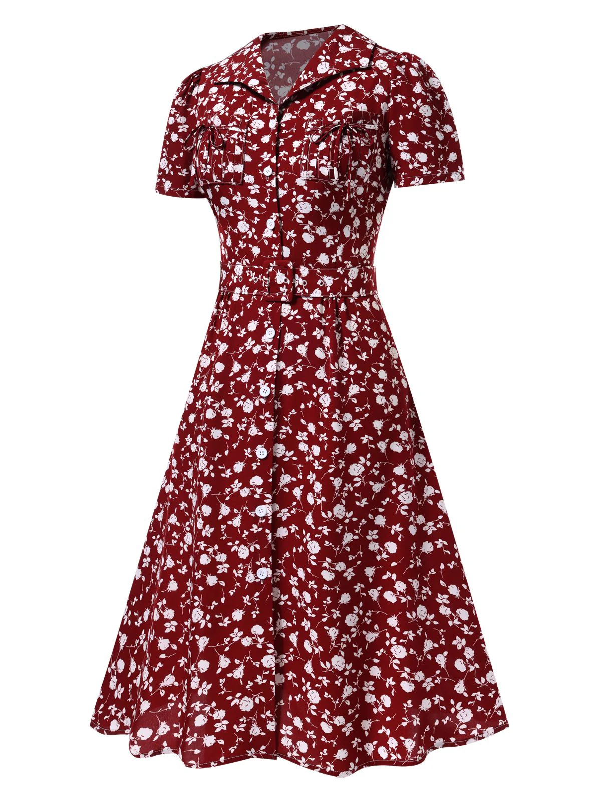 Red 1940s Lapel Buttons Ditsy Floral Dress - Image 3