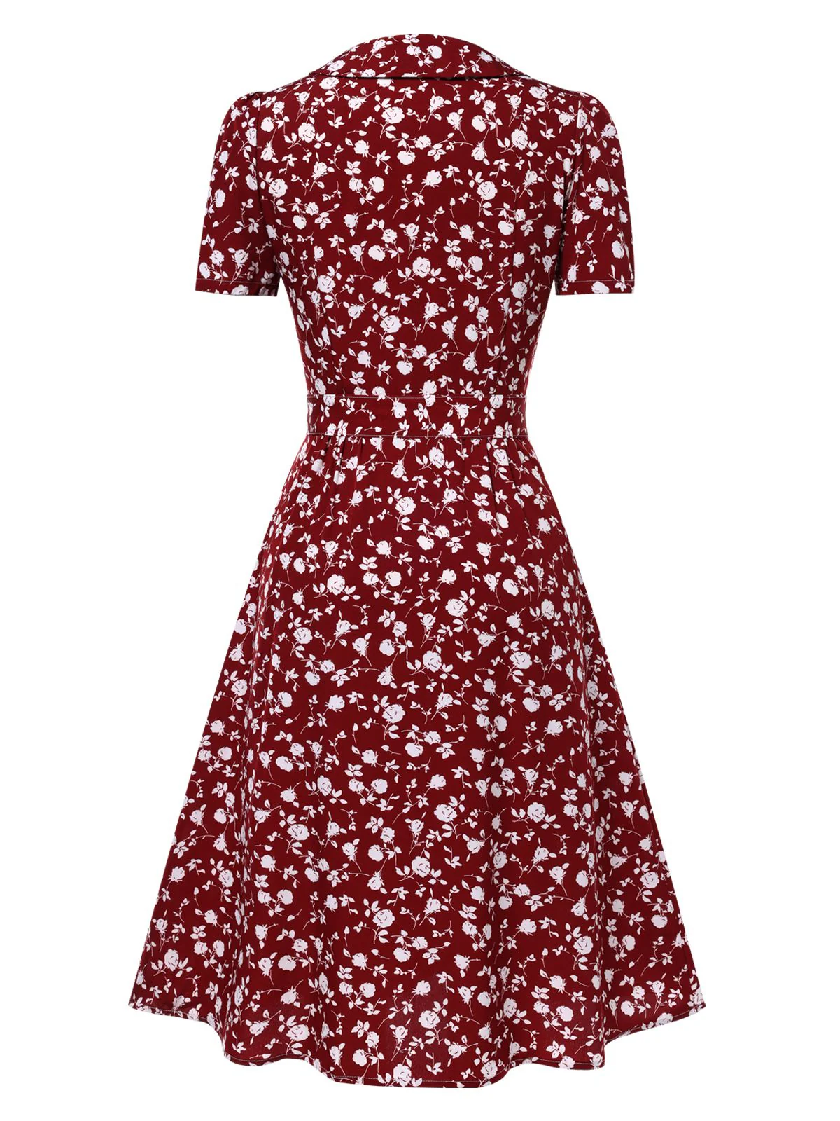Red 1940s Lapel Buttons Ditsy Floral Dress - Image 4