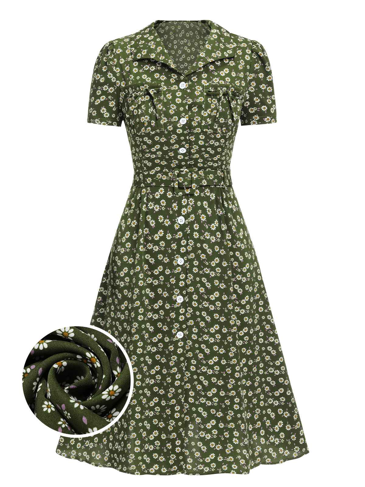 Red 1940s Lapel Buttons Ditsy Floral Dress - Image 8
