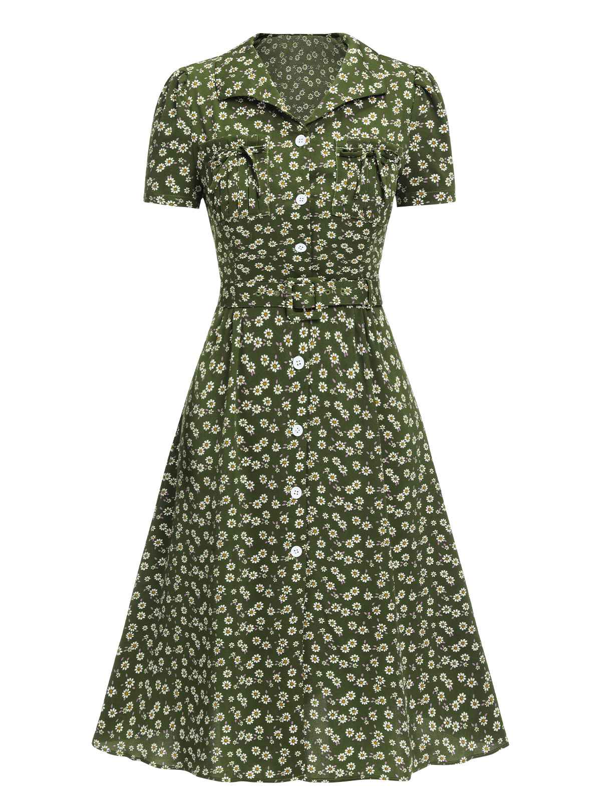 Red 1940s Lapel Buttons Ditsy Floral Dress - Image 9