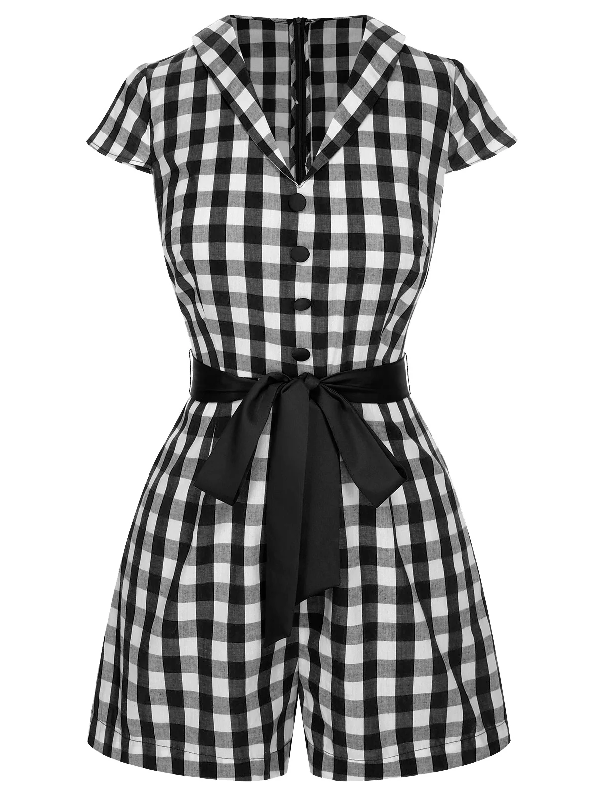 Red 1940s Lapel Plaids Belted Romper - Image 8