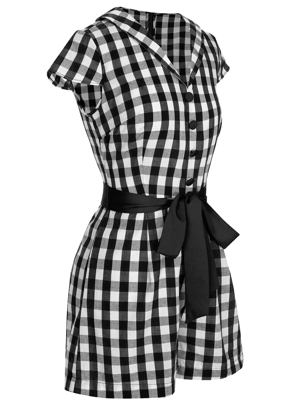 Red 1940s Lapel Plaids Belted Romper - Image 9