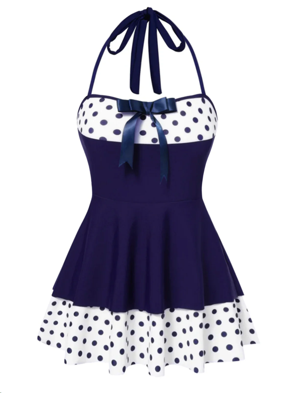 Black 1940s Polka Dots Patchwork Halter Swimdress - Image 4