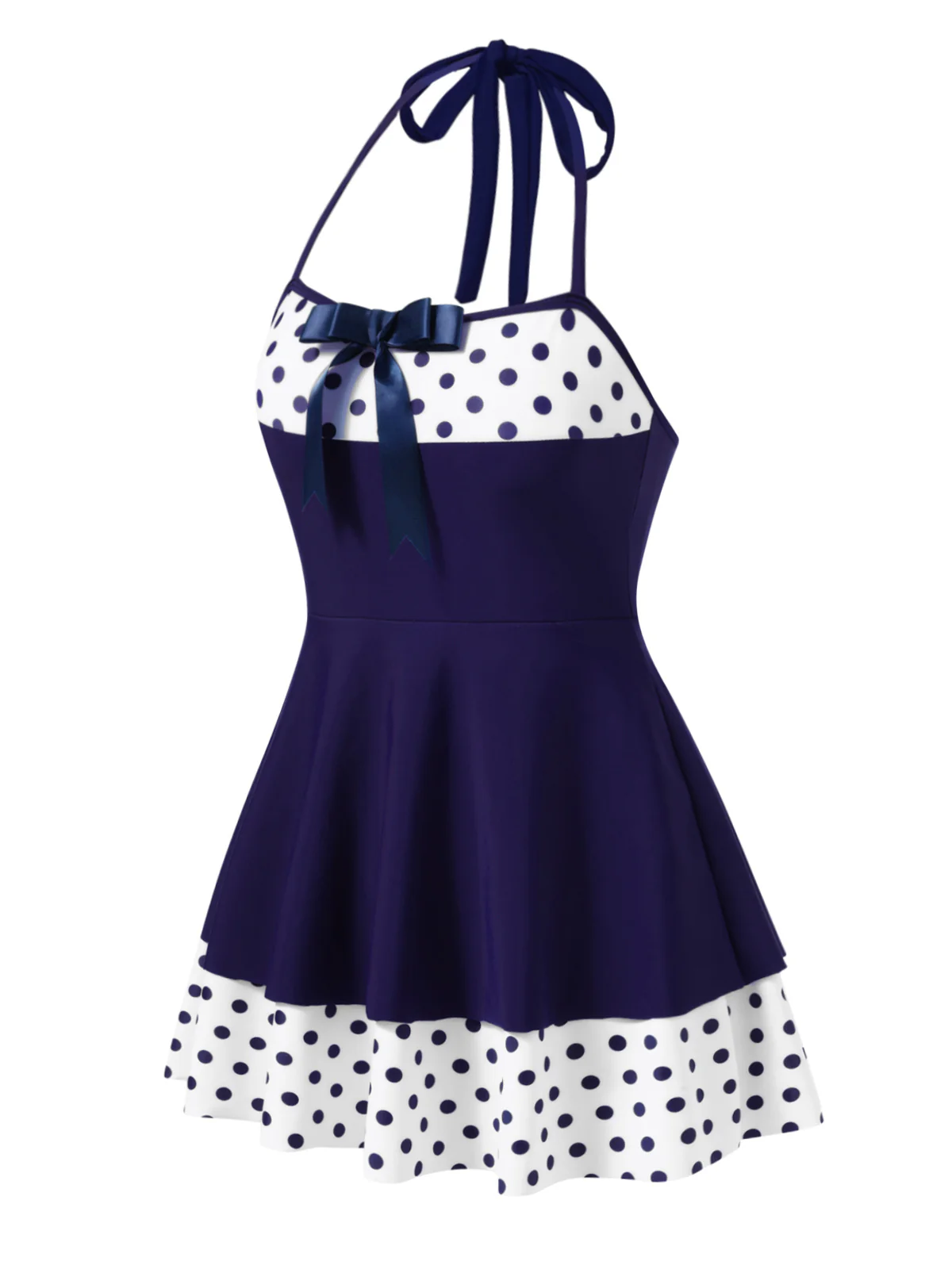 Black 1940s Polka Dots Patchwork Halter Swimdress - Image 5