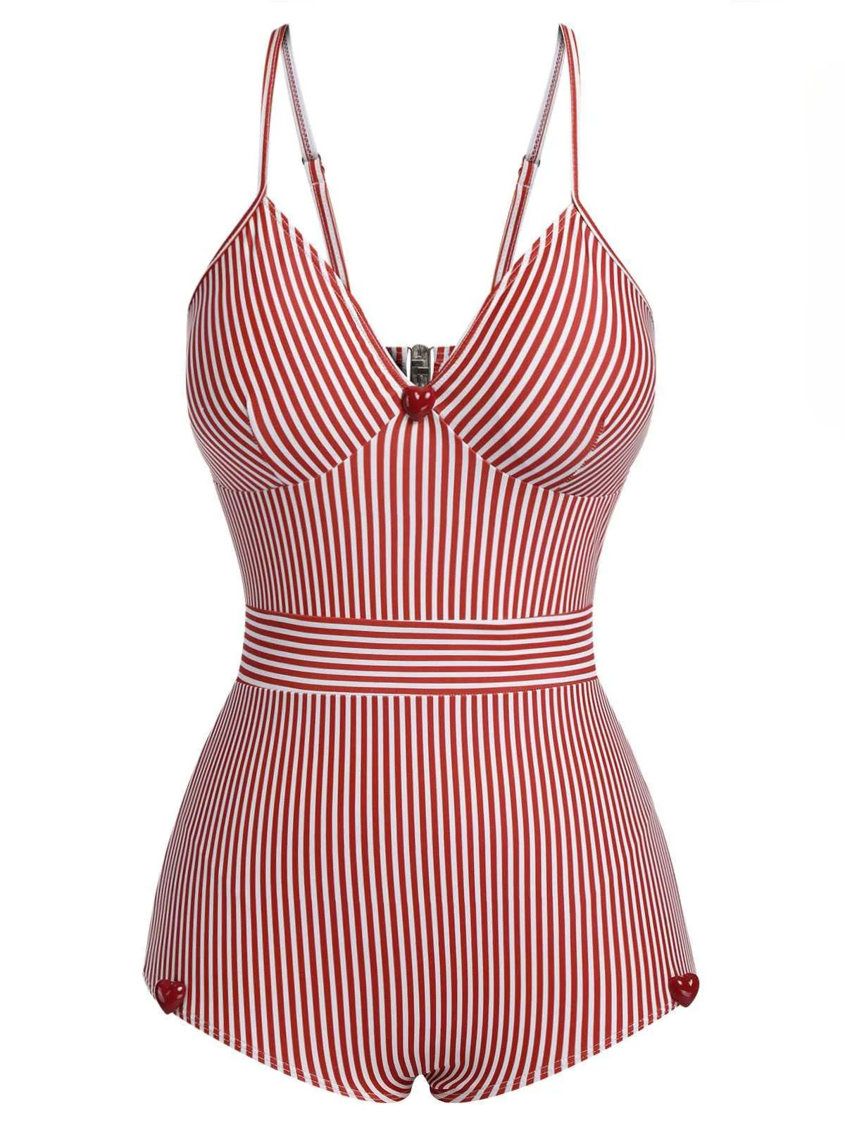 Red 1940s Spaghetti Strap Stripes One-Piece Swimsuit - Image 2