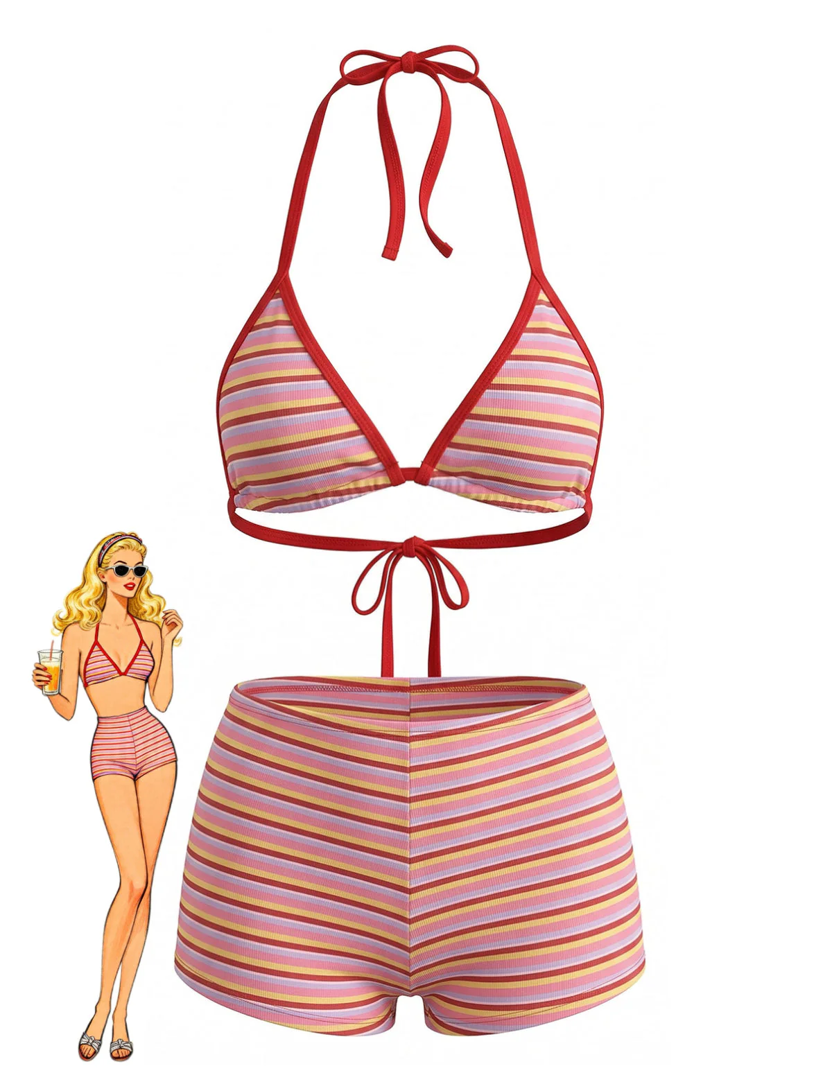 Red 1940s Striped Halter Ribbed Triangle Bikini Set