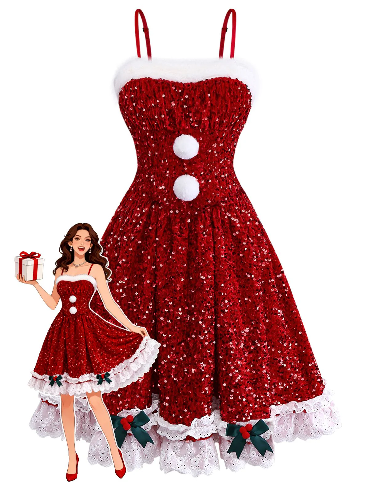 Red 1950s Bow Sequined Raw Hem Dress
